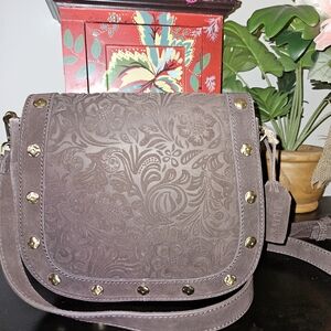 Floral Embossed Brown Crossbody Bag with Gold Accents